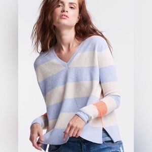 Lisa Todd Striped Hype Lite Sweater Bluefoam V Neck Knit Small Blue Orange